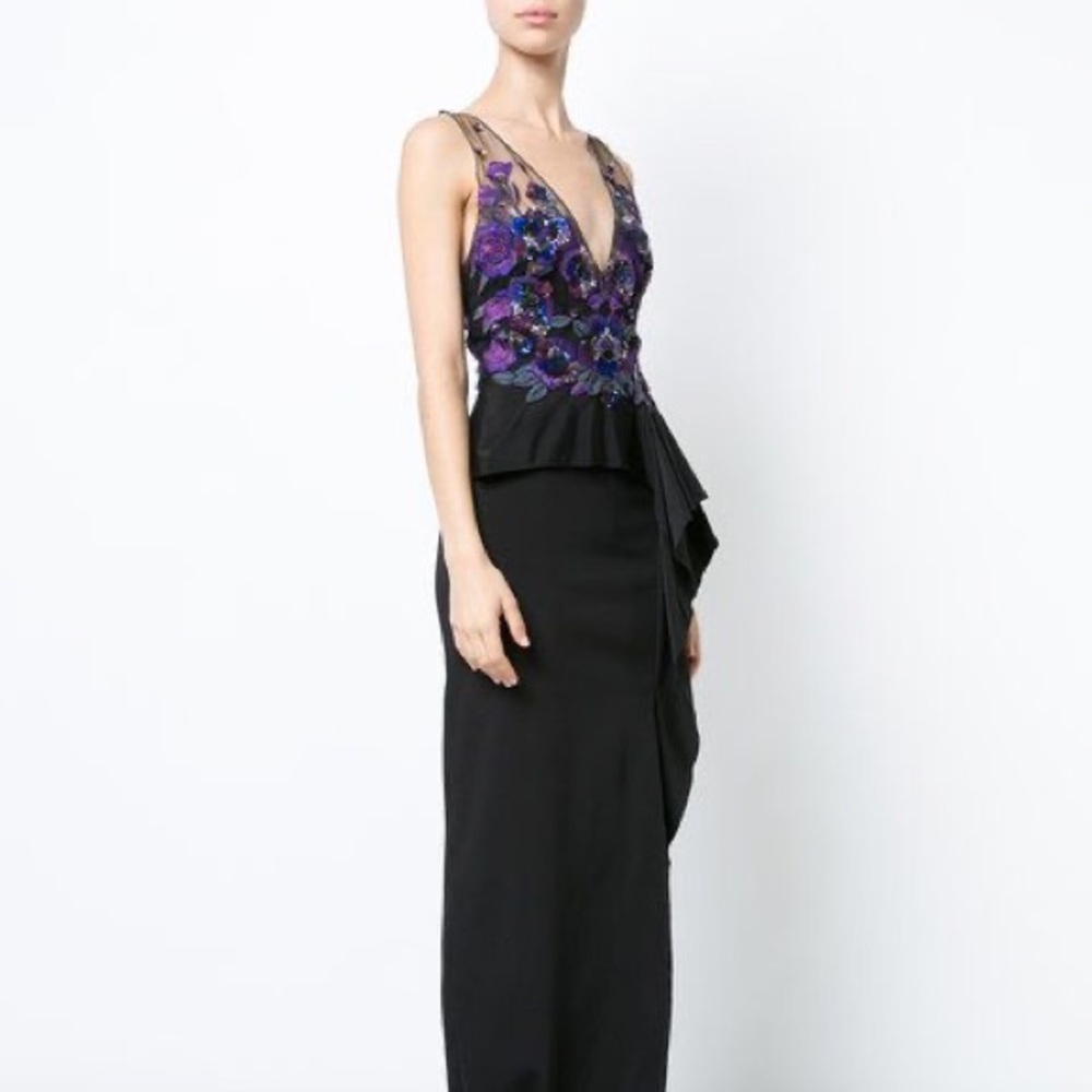 NWT Marchesa Notte Floral Sequin Embroidered Black Purple Gown
